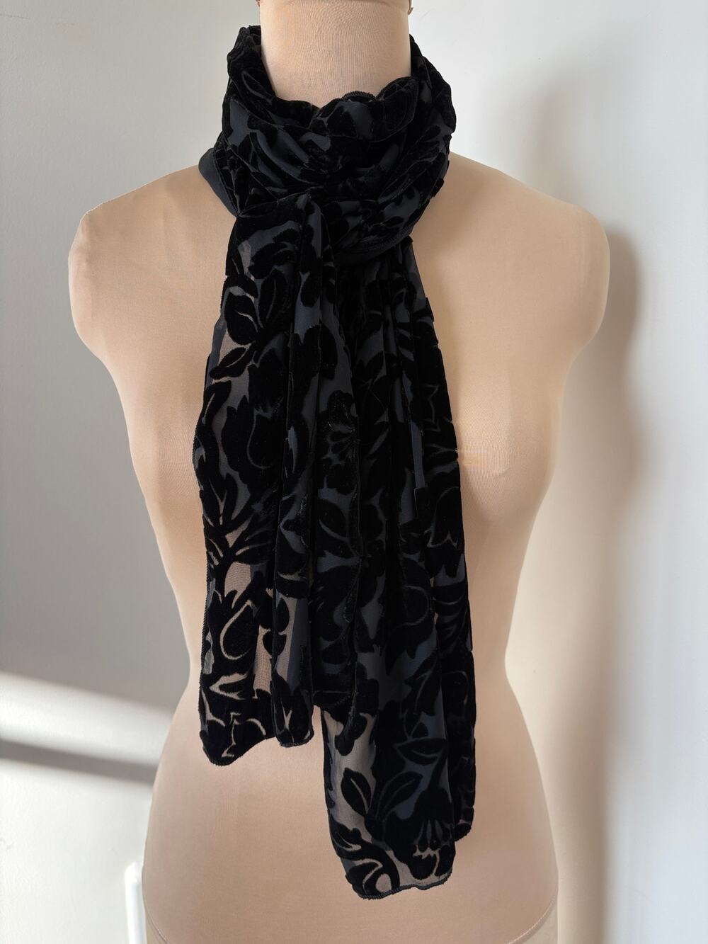 Sheer Black Velvet Burnout Rectangle Neck Scarf Floral Whimsigoth VTG Y2K FLAW